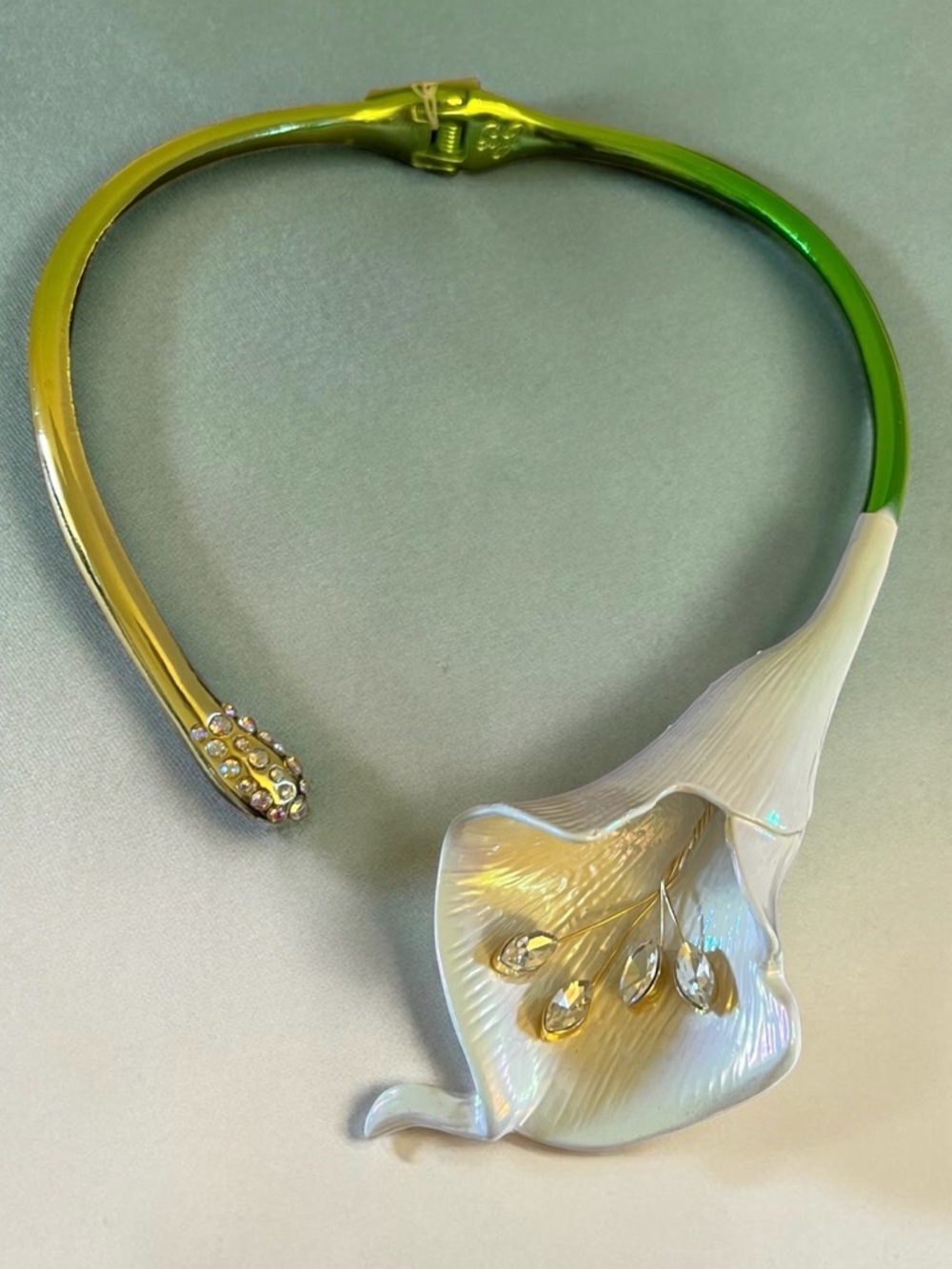 Betsey Johnson Gold-Tone Crystal Floral Calla Necklace - White and Gold & Green - Picture 9 of 16